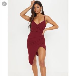 Lauriell Burgundy Wrap Front Crepe Midi Dress